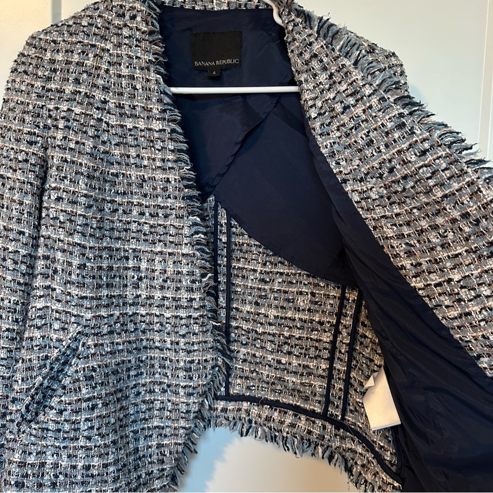 Banana Republic Collarless Metallic Tweed Blazer in Coastal Blue Size 6 💙🩵🤍 - Picture 7 of 13